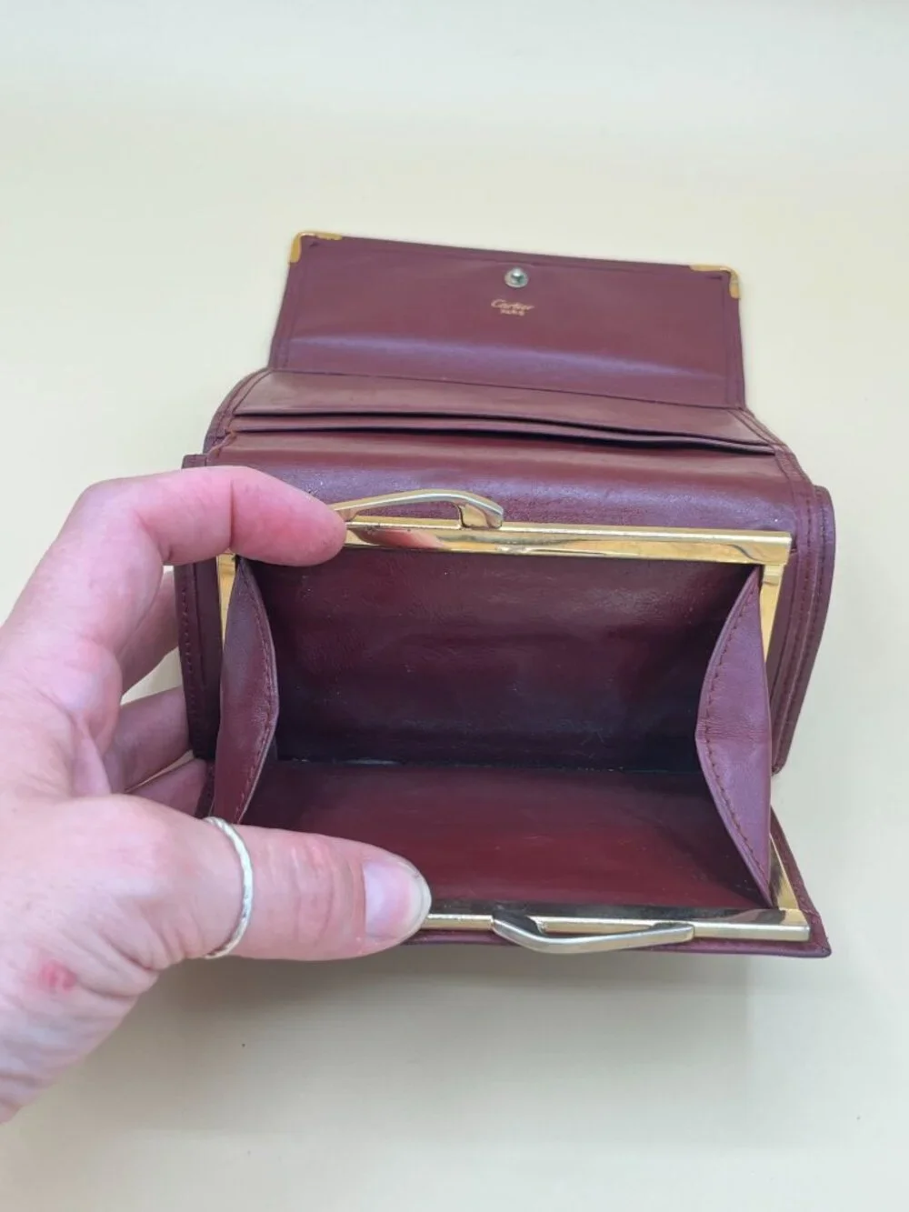 Cartier Paris Vintage Bordeaux Leather Long Trifold Wallet Gold Corners Kisslock